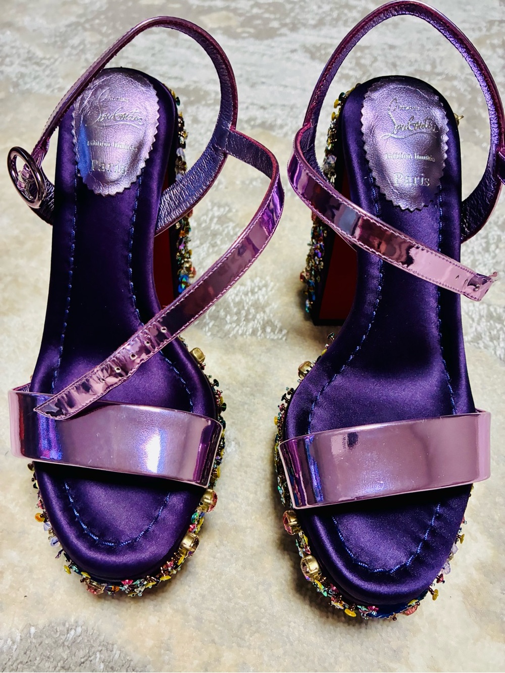 Christian Louboutin Iridescent Purple Jeweled Platform Sandals - Picture 4 of 7